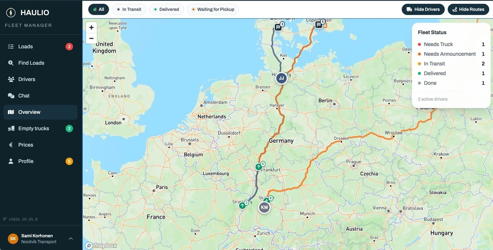 Haulio map view tracking cars in transit across Europe