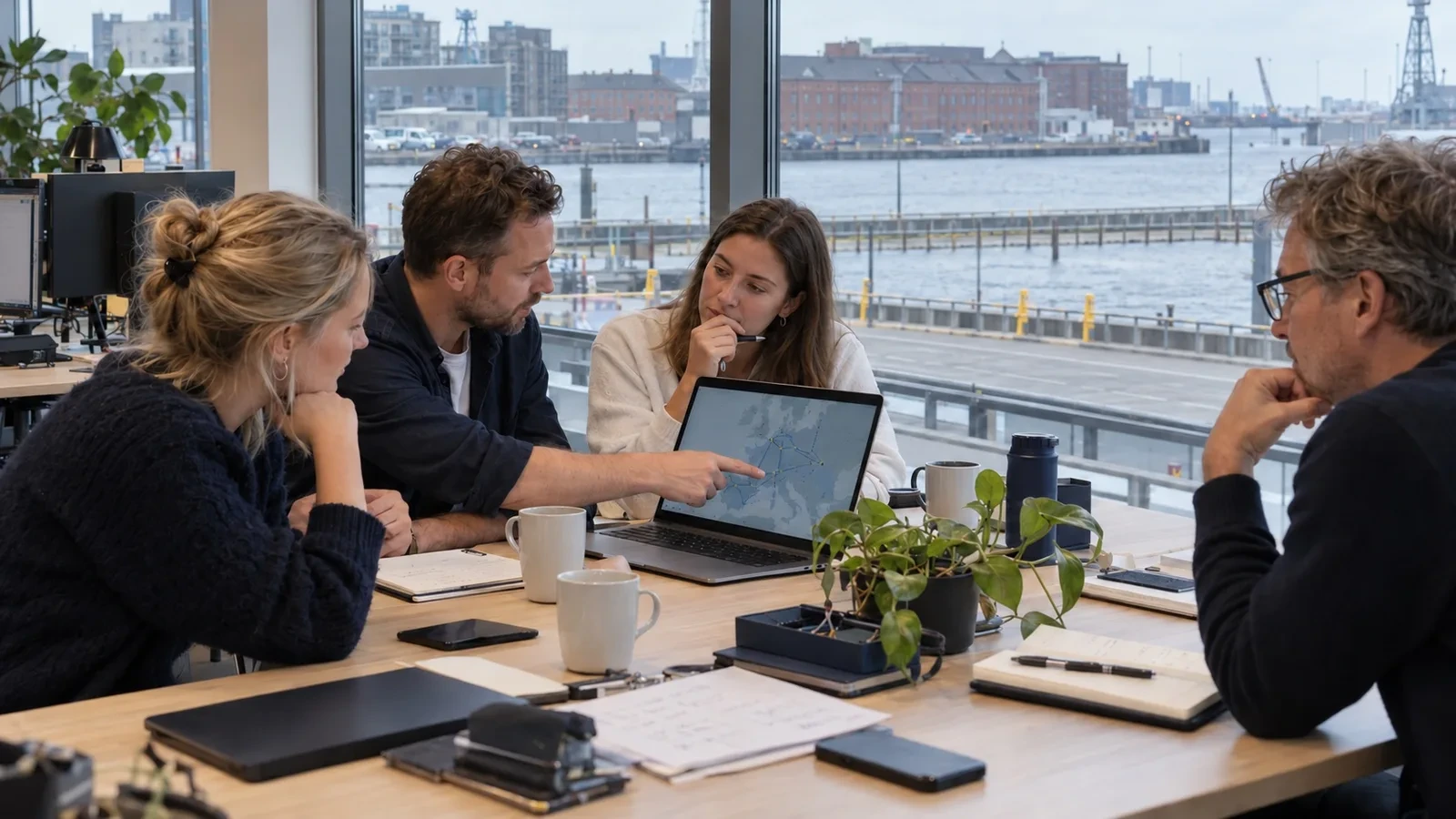 The Haulio team planning routes on a map in the Copenhagen office