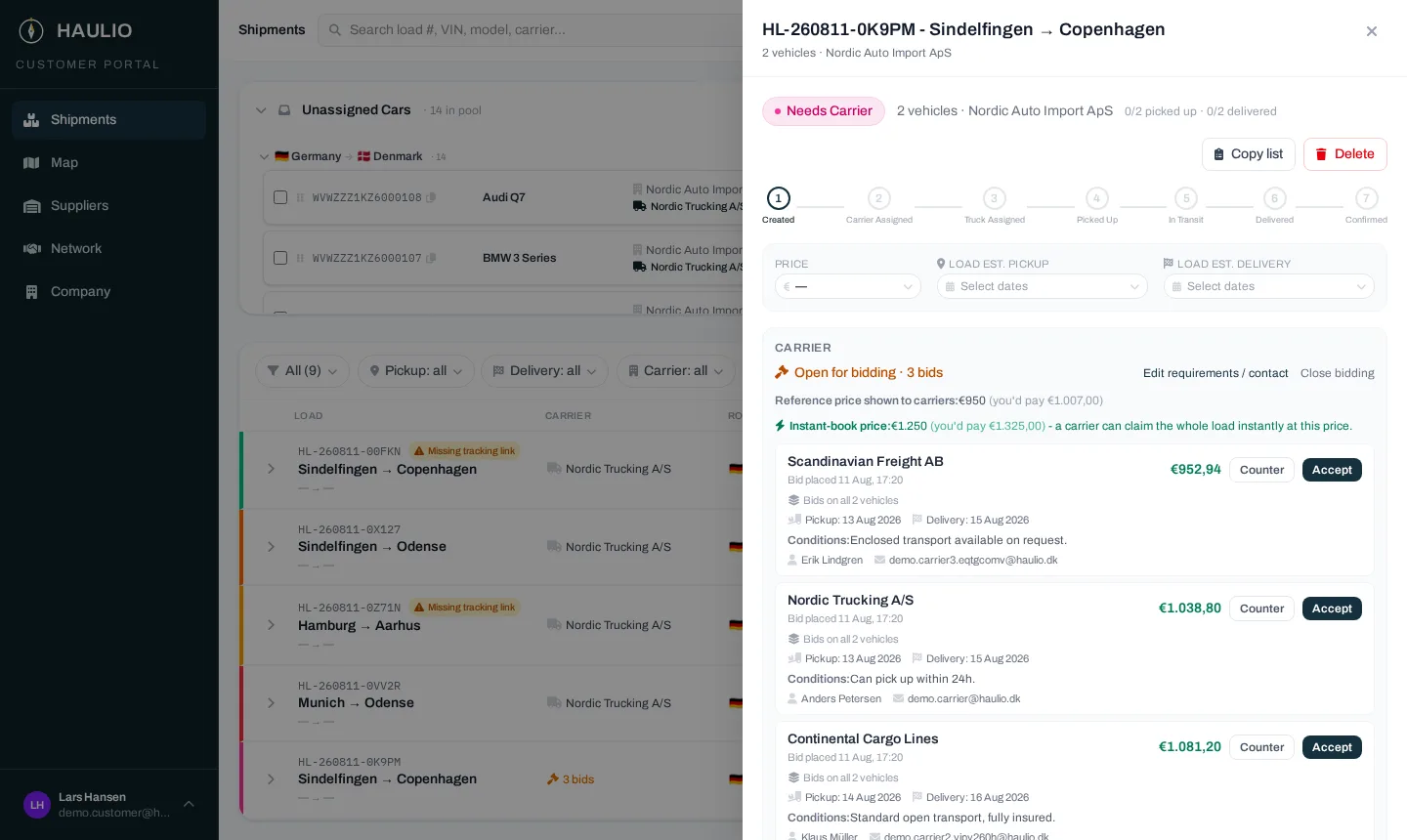 Load detail view with three carriers bidding against each other on price