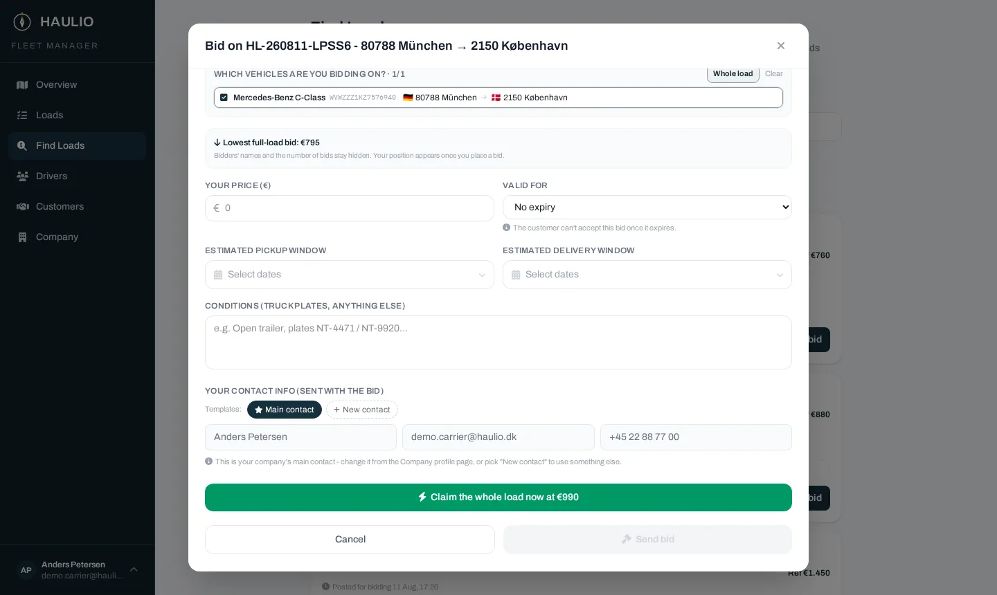 Bid form with a mini-map, vehicle picker and reference price