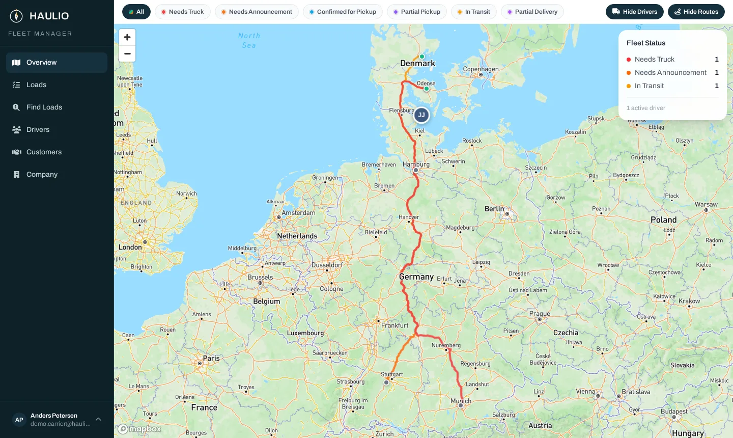 Fleet map showing a truck's live position and route